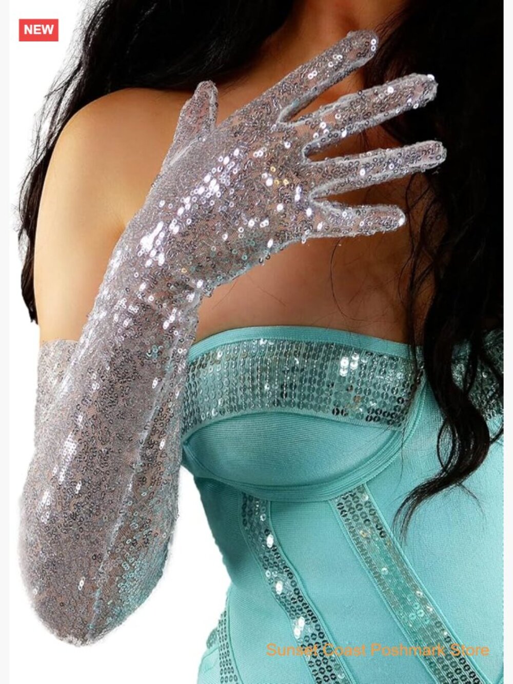 Long Sequin Gloves Mesh Sheer 28" Sparkly for Evening Dance Party Costume